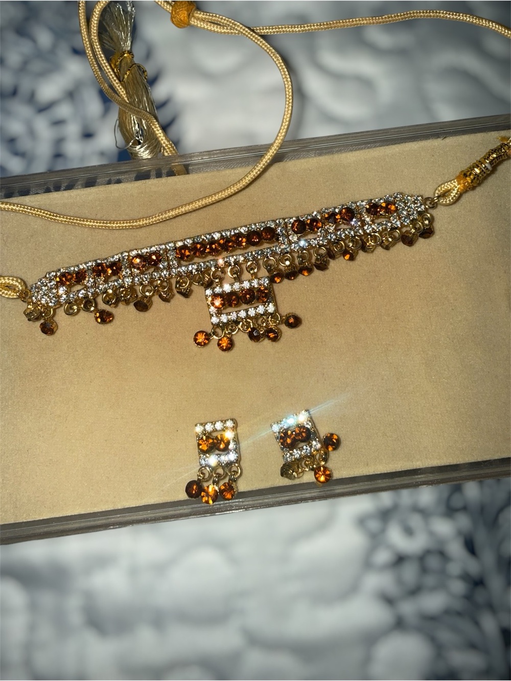 Indian Gold-Tone Necklace and Earring Set with Amber Crystals.